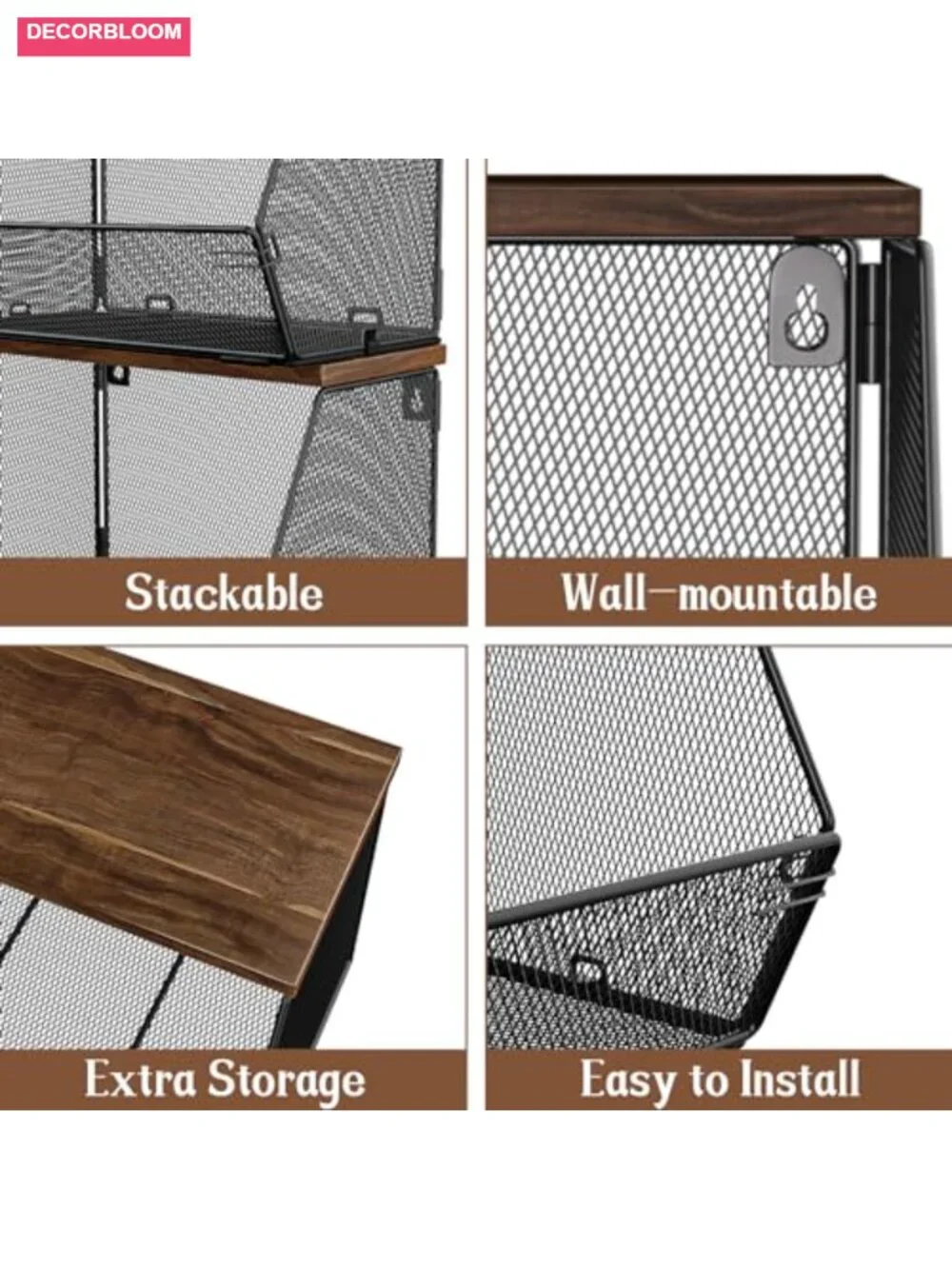 Wire Fruit Basket with Wood Lid Wall Mounted Stackable Kitchen Storage 3 Pack